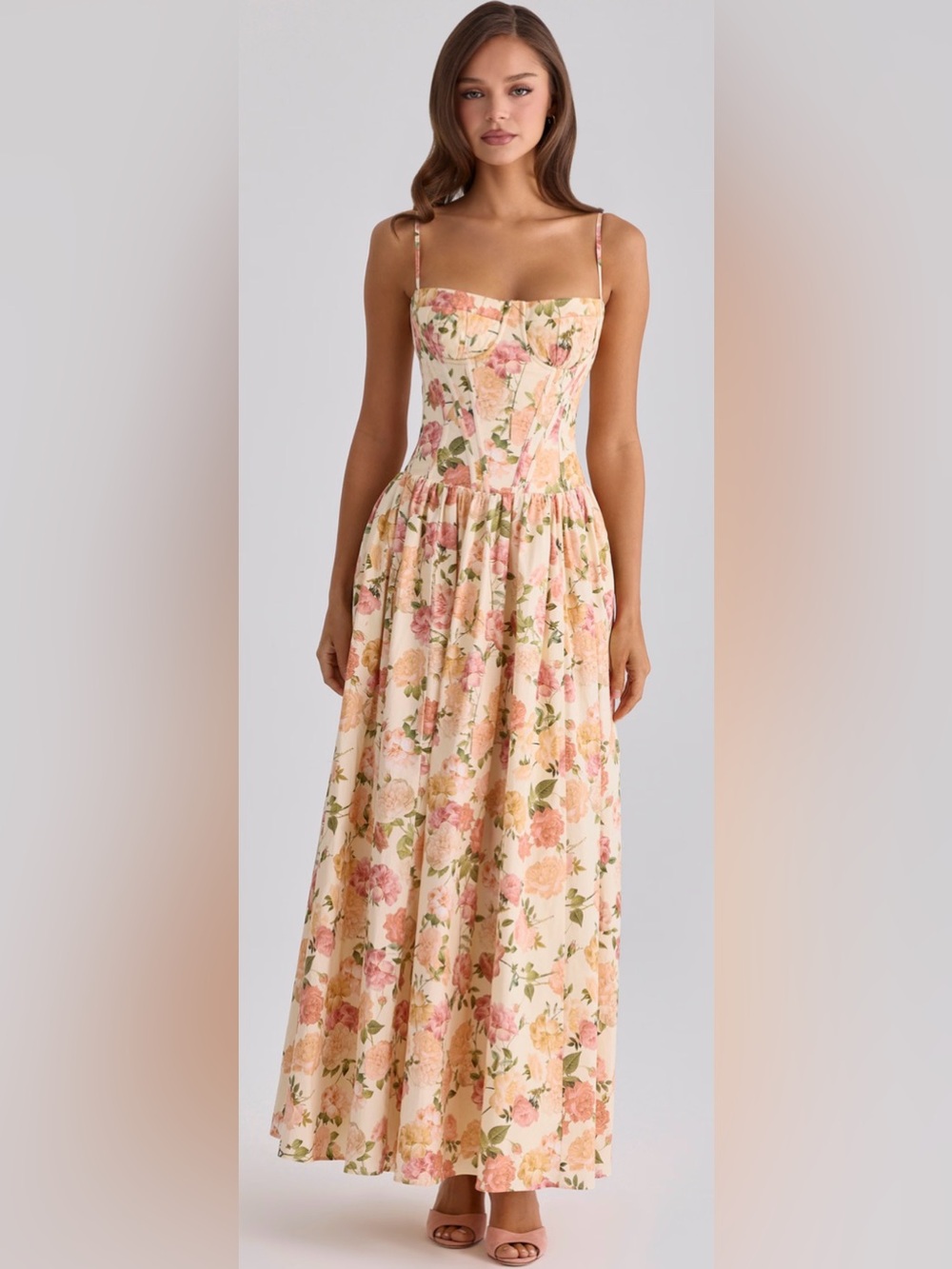 House of CB Strapless Floral Midi Dress in Cream and Pink